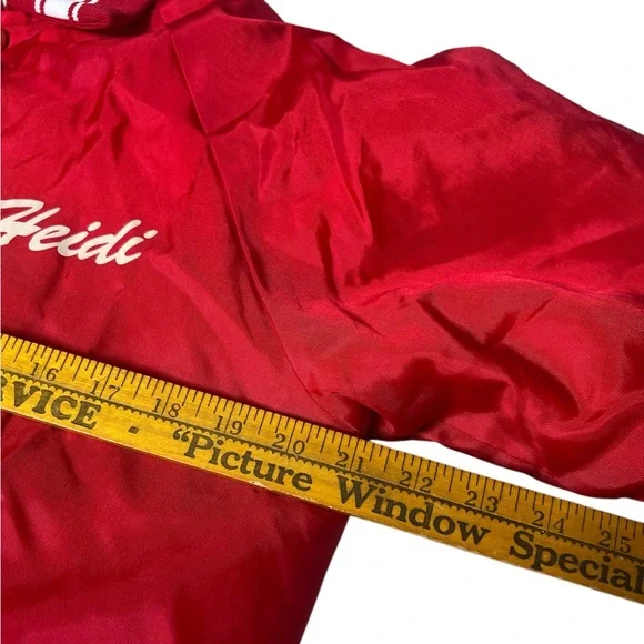 Vintage 80s Red Satin Bomber Jacket Bremen Pom Pons Cheerleader USA Made - Picture 9 of 15